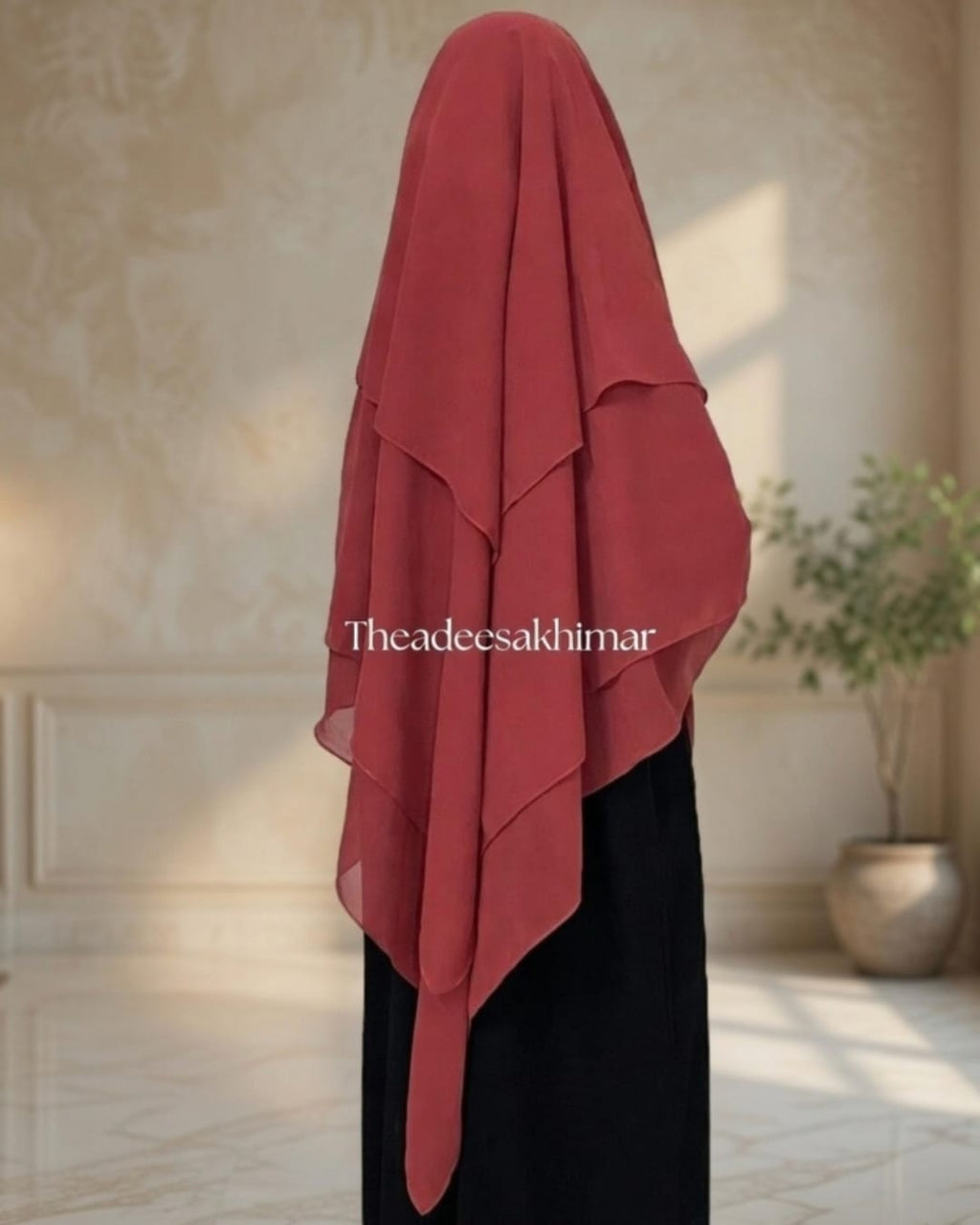Person wearing a red hijab with 'Theadeesakhimar' branding in a room with a plant.